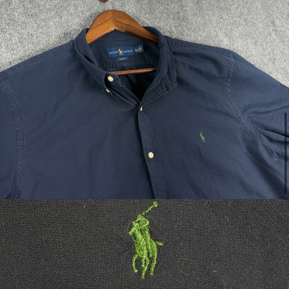 Ralph Lauren Mens XXL Short Sleeve Button Down Shirt Slim‎ Fit Navy Blue